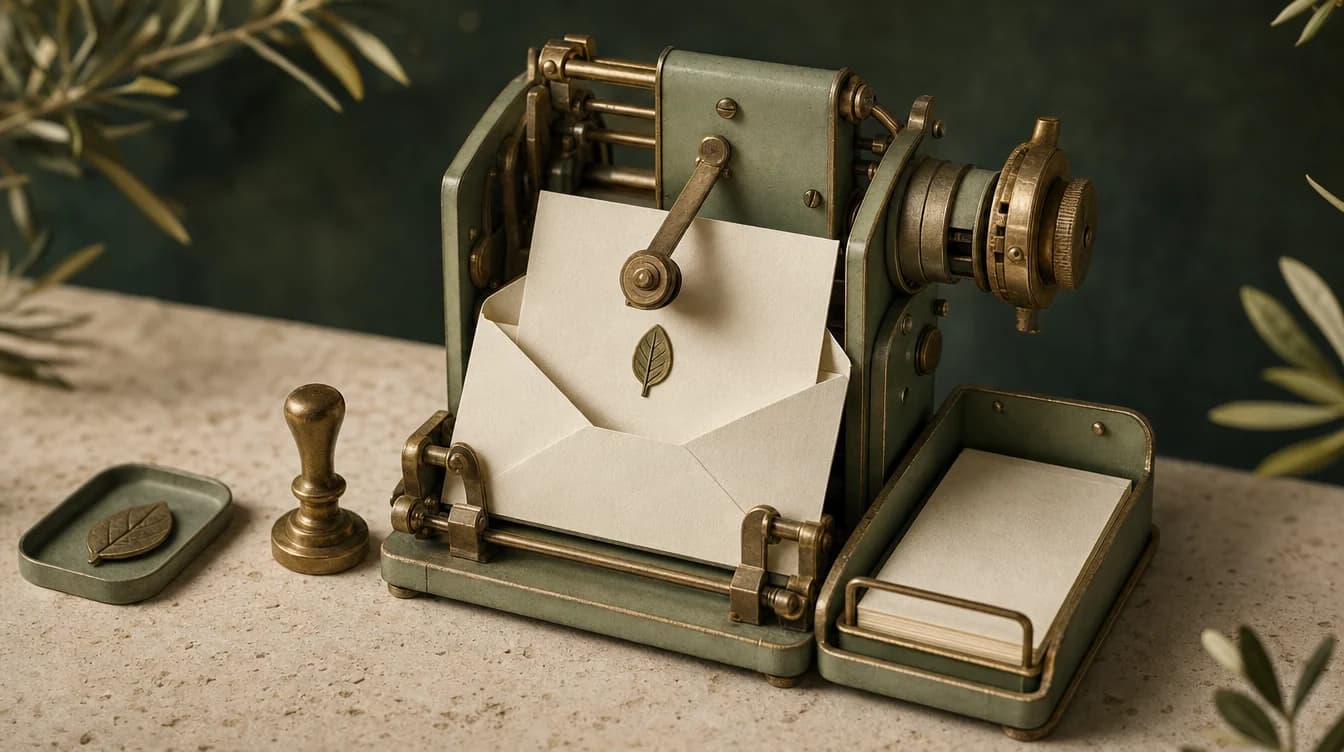 An invitation is folded and prepared for an approved send.